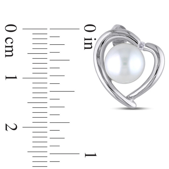 Freshwater Cultured Pearl and Diamond Heart Frame Stud Earrings Sterling Silver - Picture 2 of 6